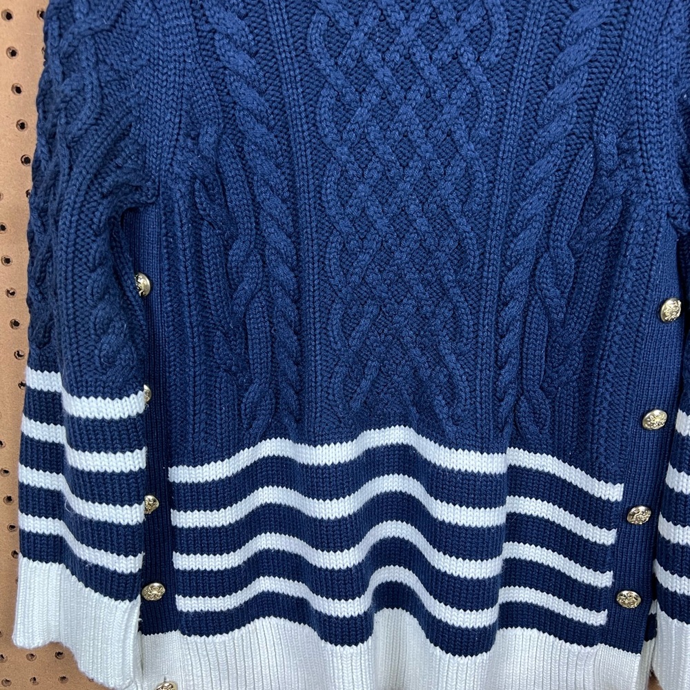 Tuckernuck Navy Striped Sankaty Turtleneck Sweater with Gold Buttons - Picture 2 of 12